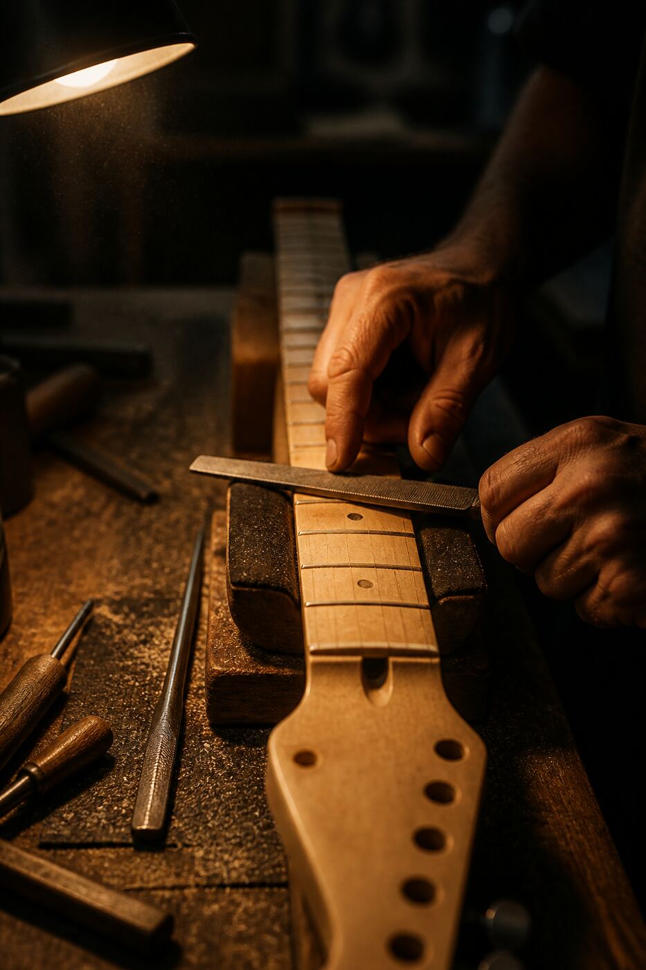 Hands levelling frets on a guitar neck under a workshop lamp